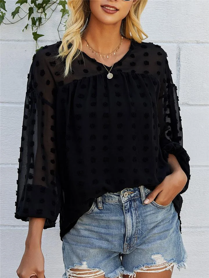 Relaxed Fit Oversized V Neck Semi Sheer Long Sleeve Swiss Dot Lightweight Blouse