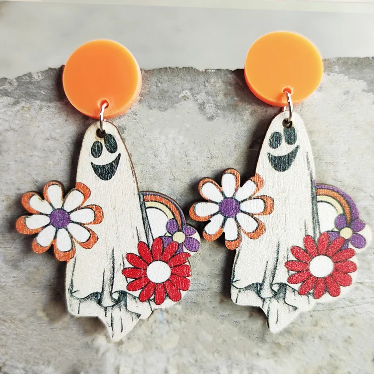 Halloween Funny Pumpkin Ghost Spider Flower Wood Earrings 2024 - Xpluswear