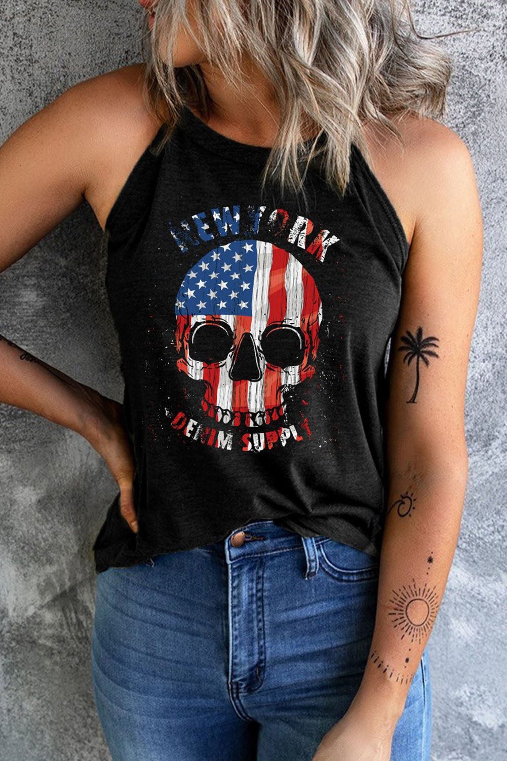 American Flag Skull Tank Tops Patriotic 4th of july Fourth of July Red White And Blue Red White Blue
