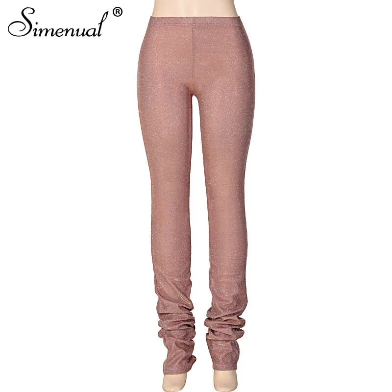 Simenual Glitter Shiny Mid Wait Skinny Pants Solid Fashion Fall 2021 Women Clothing Bodycon Long Trousers Club Party Essential