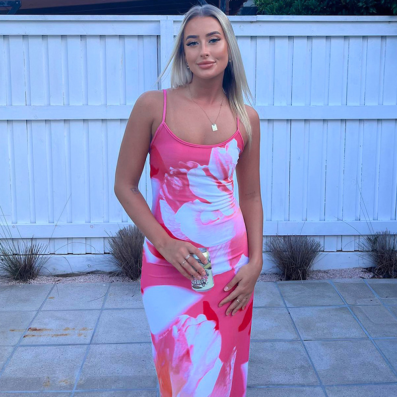Ootddress Contrast Spaghetti Slim Maxi Dress Female Printed Off-Shoulder Fashion Holiday Beach Dress Patchwork Summer Party Dress