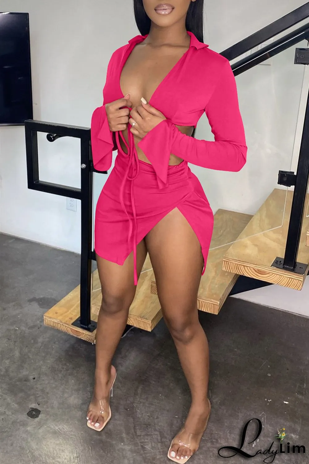 Yellow Fashion Sexy Solid Bandage Slit V Neck Long Sleeve Two Pieces