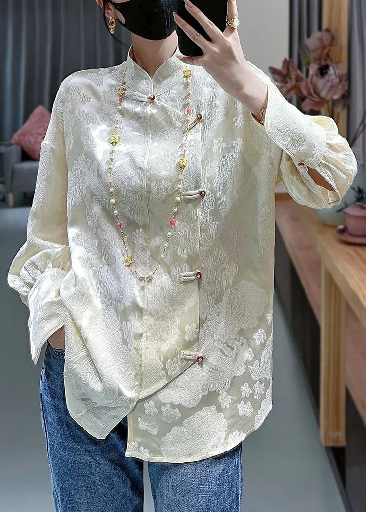 French Apricot Stand Collar Print Silk Blouses Spring