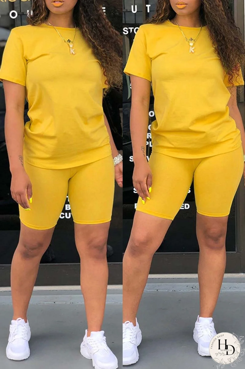 Yellow Casual Solid Basic O Neck Short Sleeve Two Pieces