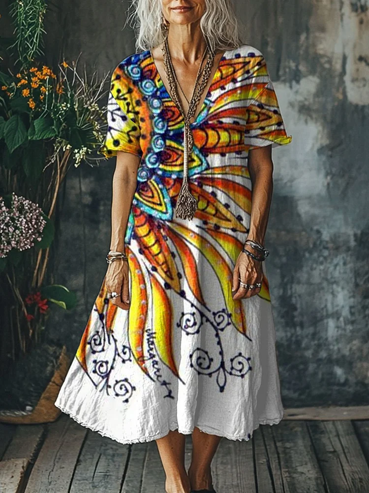 Women's Boho Vintage Art Print Pocket Cotton Dress