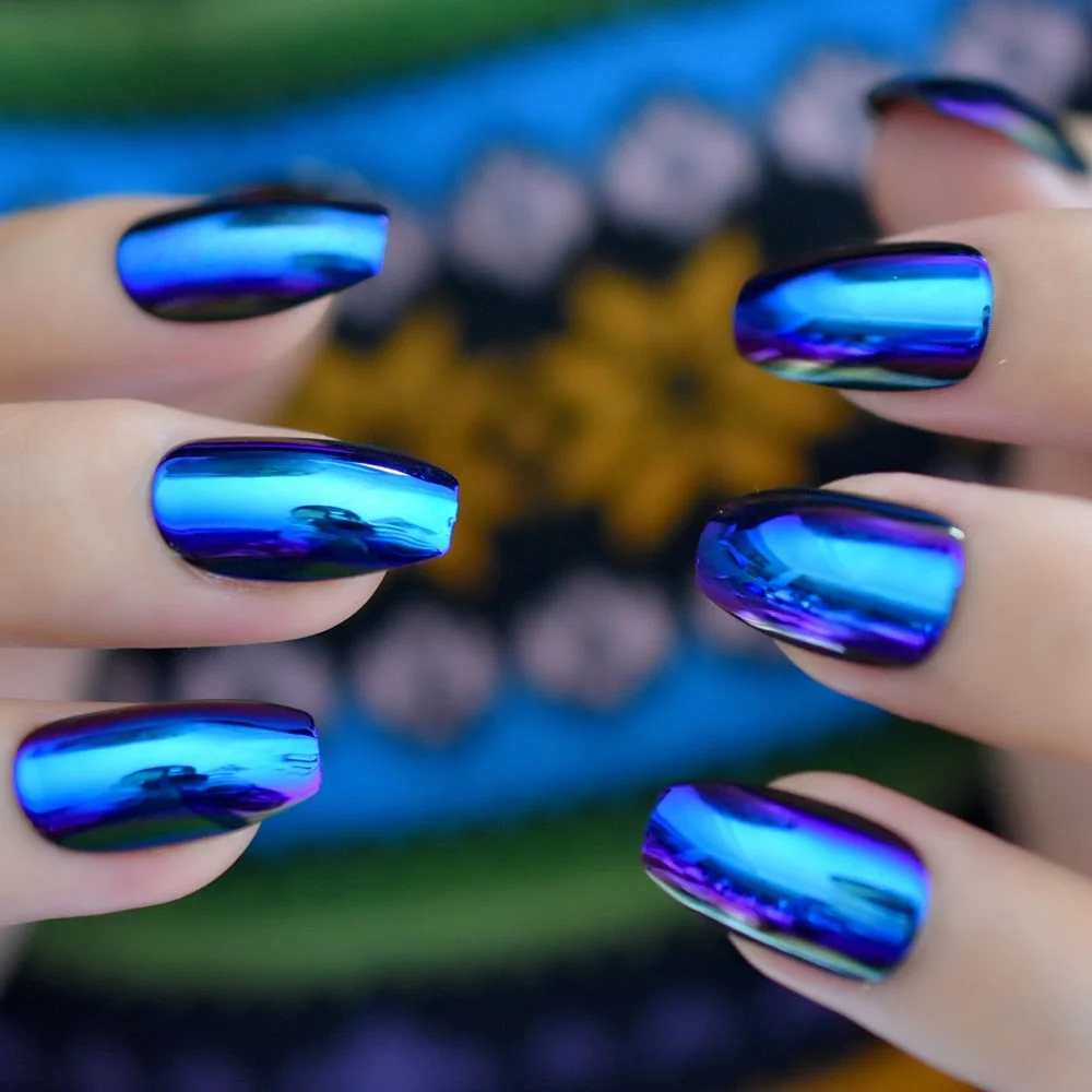 Quality Unicorn Chrome Fake Nails Gorgeous Yellow Blue Mirror Stiletto Full Cover Nail False with Adhesive Glue Sticker 24 Ct-Nail Inspo