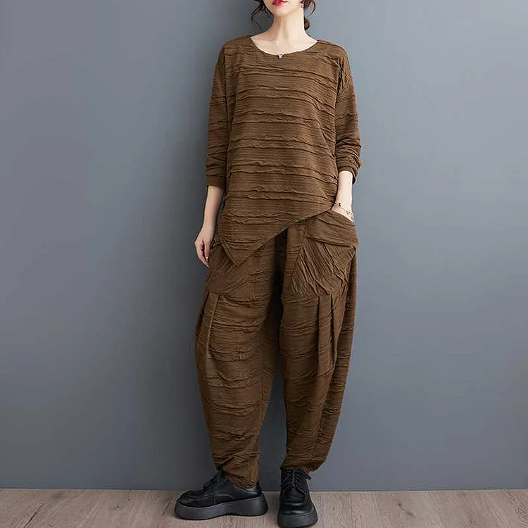 Literary Round Neck Blouse and Haren Pants Suits