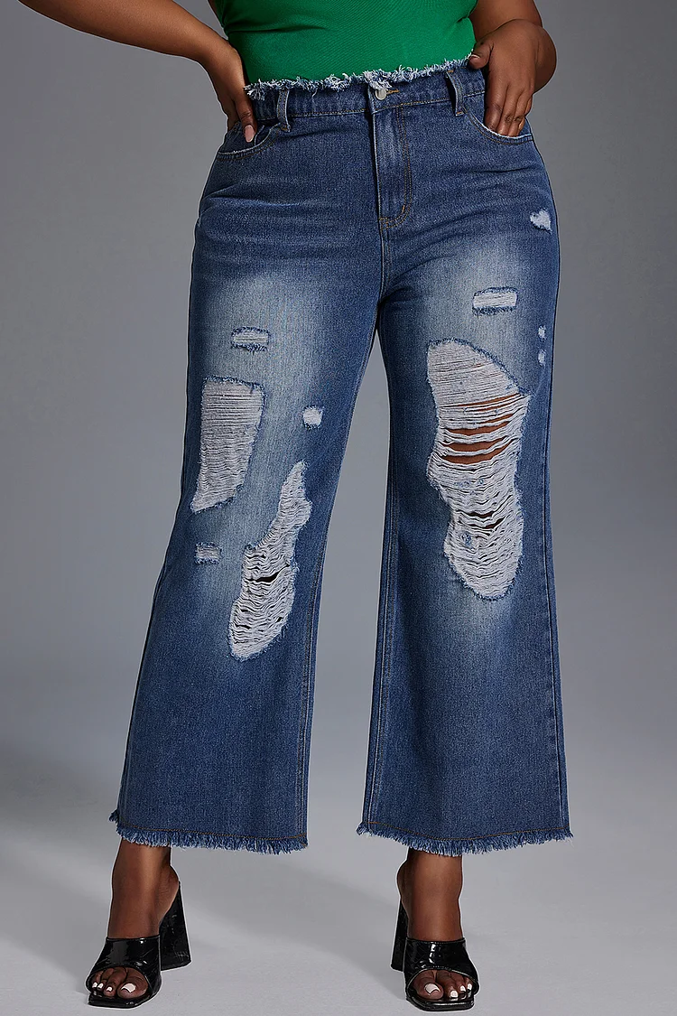 Xpluswear Design Plus Size Daily Jean Blue Straight Leg Ripped Denim Jeans [Pre-Order]