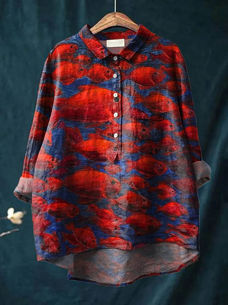 Red Tropical Fish Art Printed Women's Casual Cotton And Linen Shirt