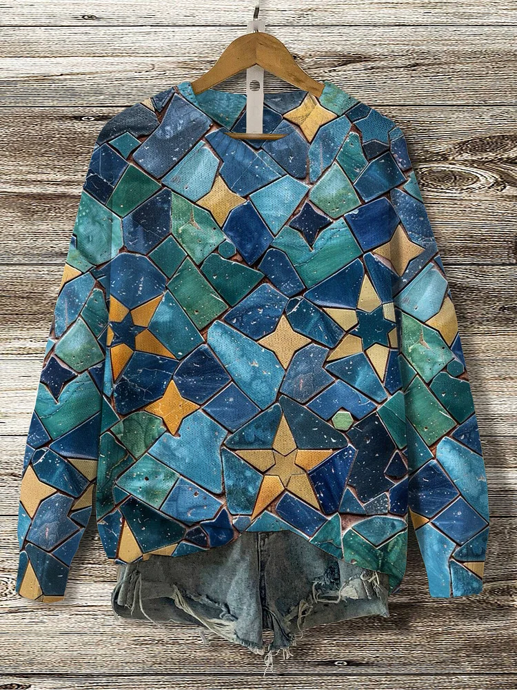 Women's Star Pattern Mosaic Art Print Knit Sweatshirt