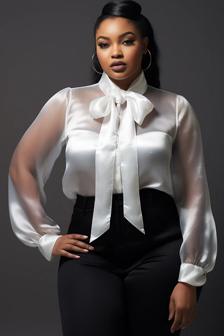 Xpluswear Design Plus Size Business Casual White Elegant Shirt Collar Long Sleeve Bow Tie See Through Organza Blouses [Pre-Order] 2024 - Xpluswear