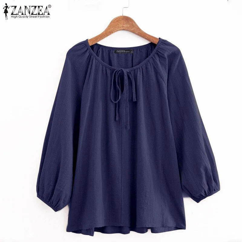 Womens 2022 Summer Blouses ZANZEA Solid Puff Sleeve Tops Female Vintage Cotton Shirt Casual Drawstring O Neck Blusa Oversize