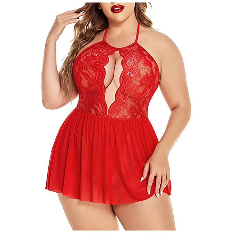 pearlsvibe -  Women Plus Size Lingerie Lace Chemise Sexy Mesh Sleepwear