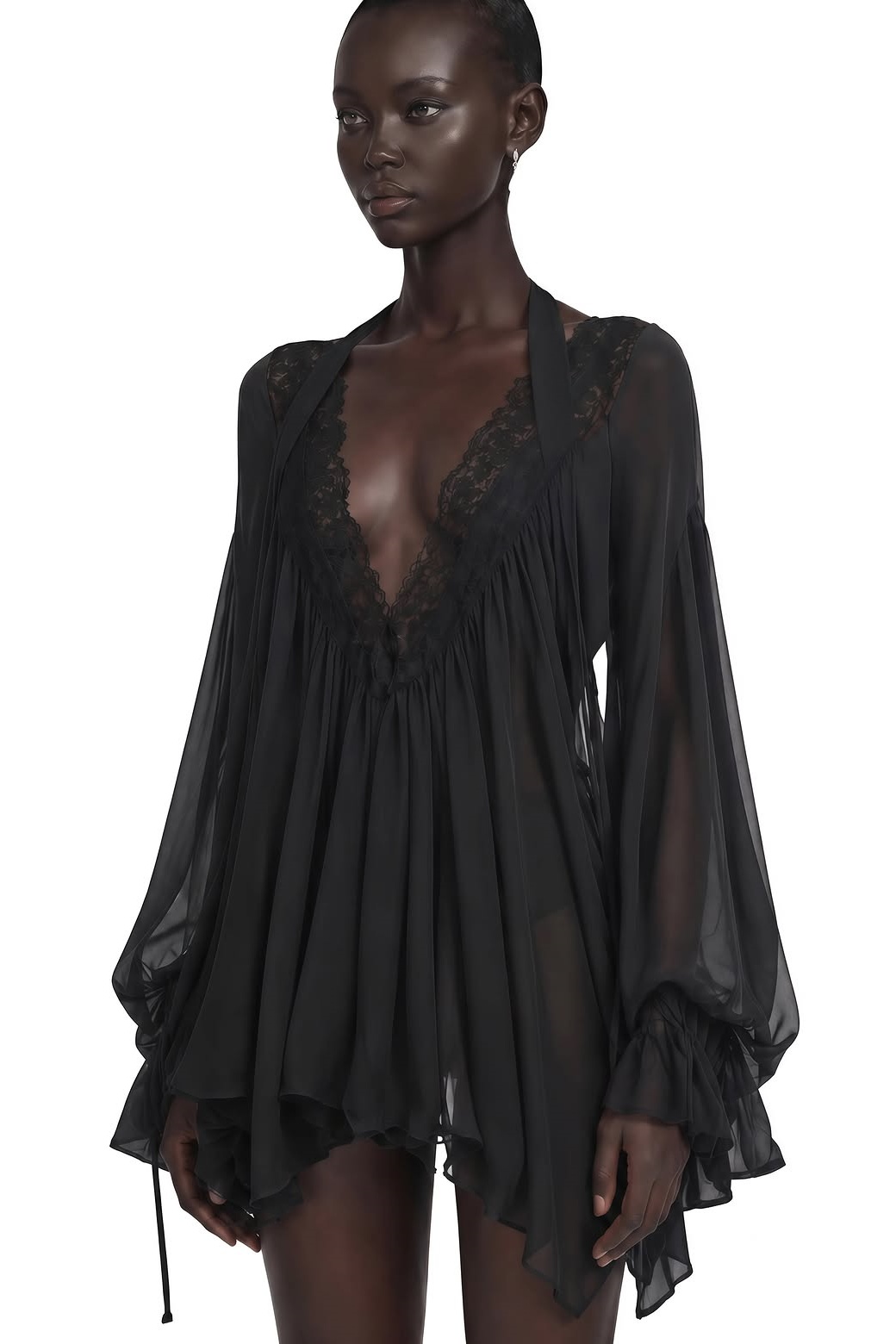 Lussooy Charming Black Chiffon Lace Long Sleeves V Neck Short Prom Dress 