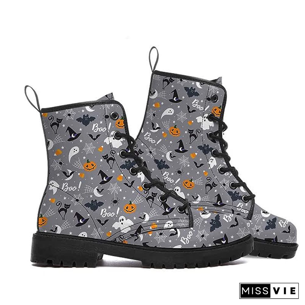 Halloween Dark Ghost Pumpkin Print Lace Up Boots