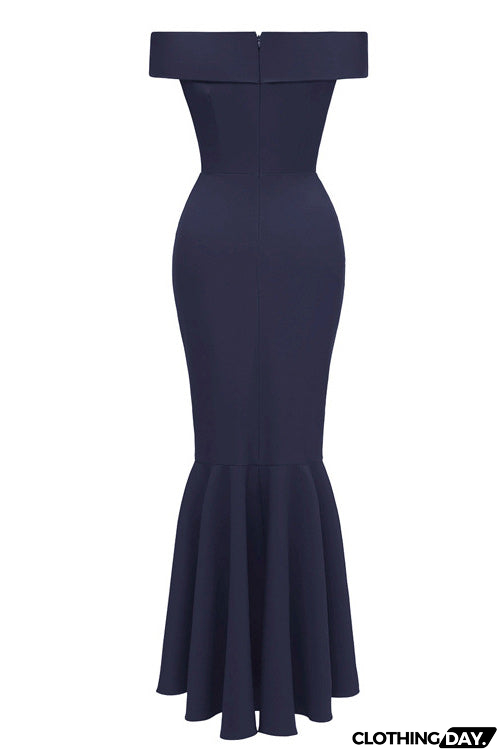 Dark Navy Off-the-shoulder Ruffled Prom Dress