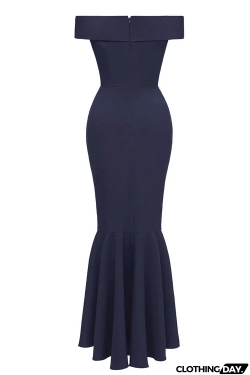 Dark Navy Off-the-shoulder Ruffled Prom Dress