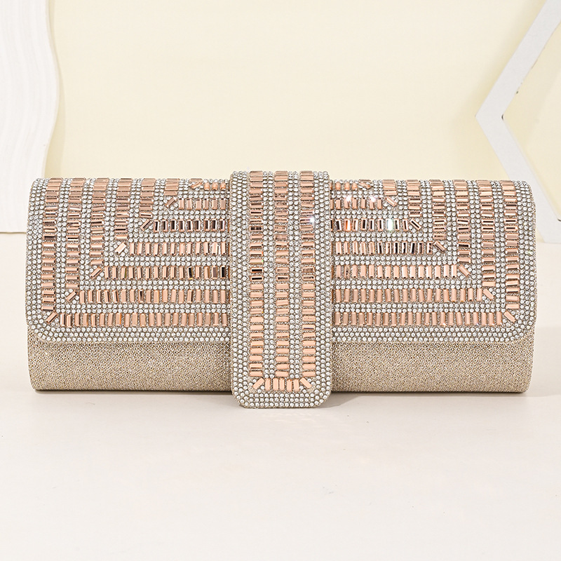 Evening Rose Gold Rhinestone Embellished Magnetic Lock Clutch Bag 2024 - Flycurvy 