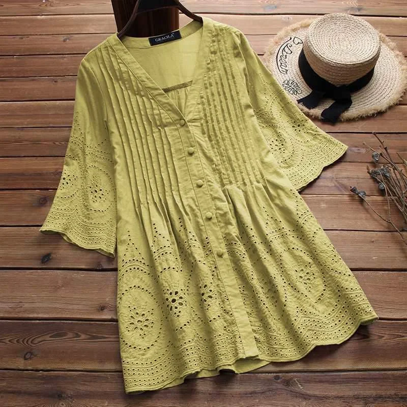 Women Cotton Linen Blouse Elegant Embroidery Hollow Blouses V-Neck Button Shirts Top Plus Size