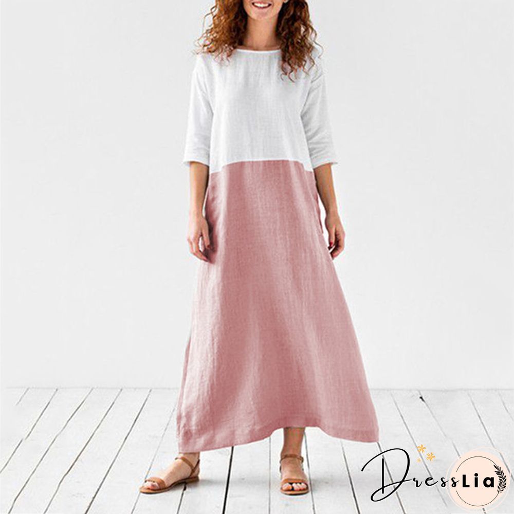 Loose Solid Cotton Linen Patchwork Dress Round Neck Seven Sleeve Skirt