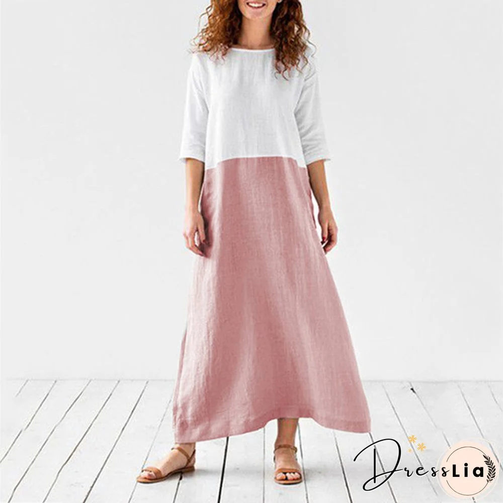 Loose Solid Cotton Linen Patchwork Dress Round Neck Seven Sleeve Skirt