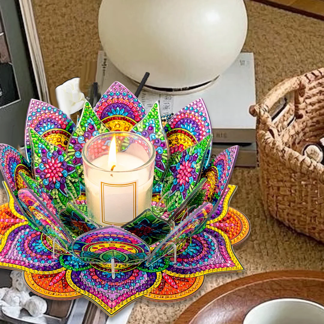 5D DIY Diamond Art Painting DIY Acrylic Desktop Ornament Flower Candle Holders Tealight Handmade Home Office Decor for Adults Beginners ( Purple and Yellow Lotus)