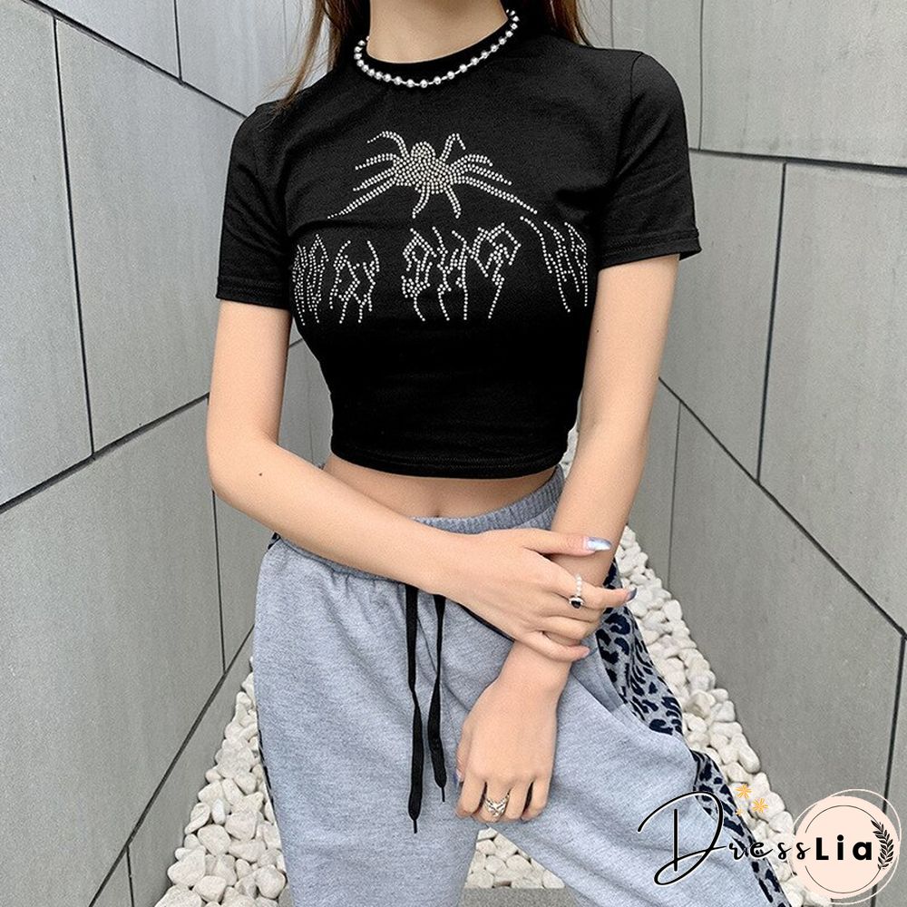 New Summer Embroidered Bead Pattern Tops Women's T Shirt Navel Dress With Women's Y2k Tops