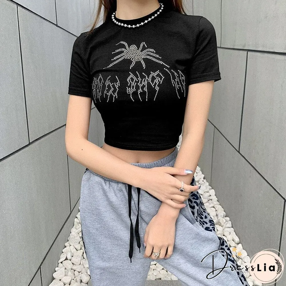 New Summer Embroidered Bead Pattern Tops Women's T Shirt Navel Dress With Women's Y2k Tops