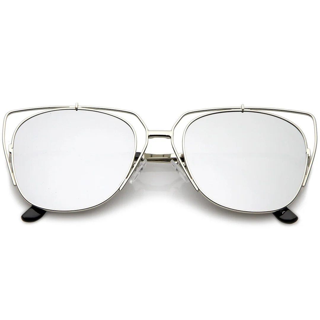 Women's Open Metal Cat Eye glasses With Mirrored Flat Lens And Slim Arms 55mm