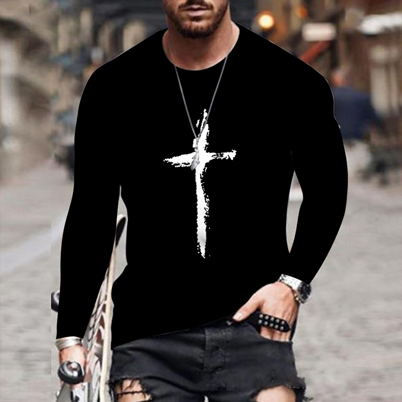 Cross Print Crew Neck Long Sleeve Men's Casual T-shirts-VESSFUL