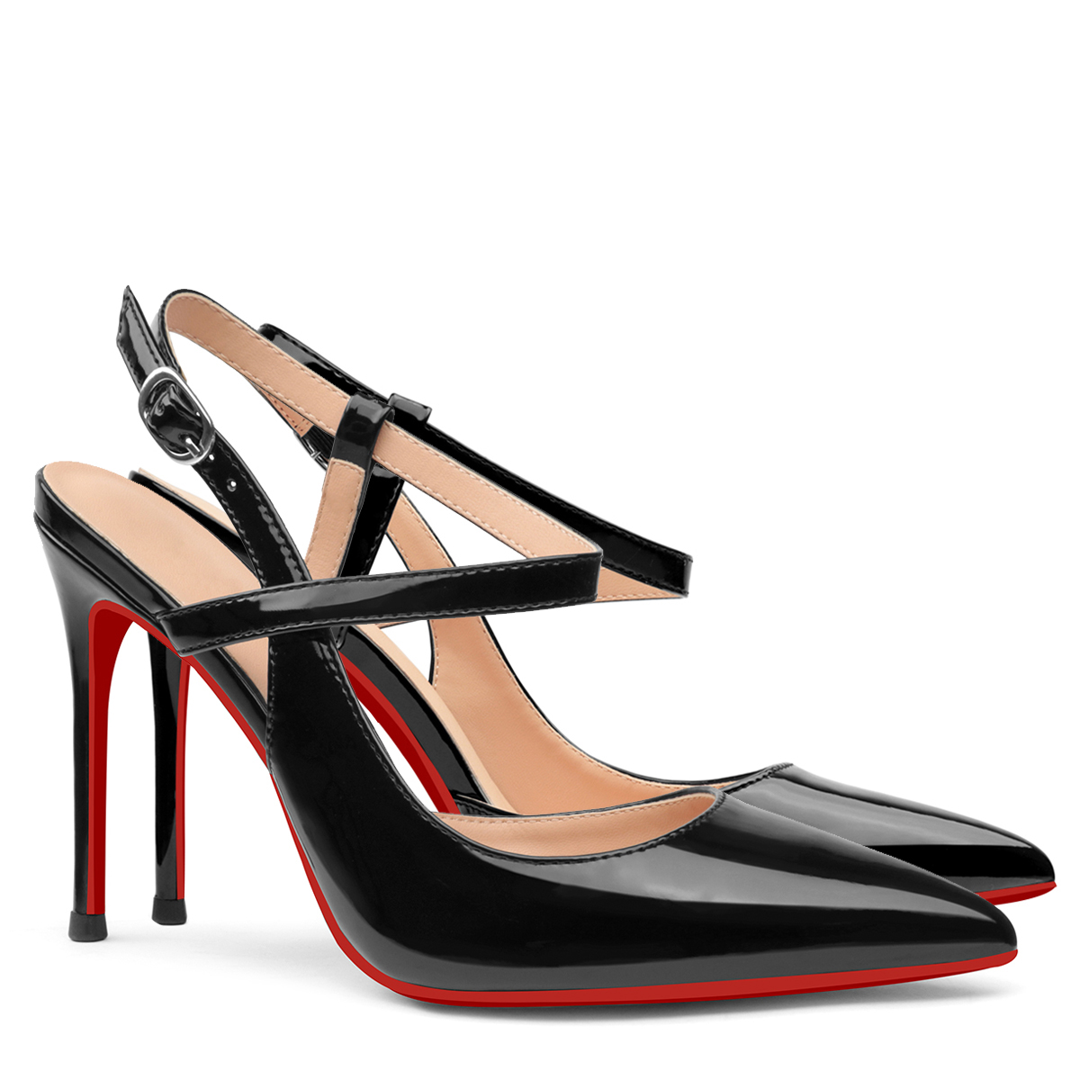100mm Women Slingback Patent Pumps Ankle Strap Jenlove Stiletto Mid Heel Close Pointed Toe Dress Red Bottoms Shoes