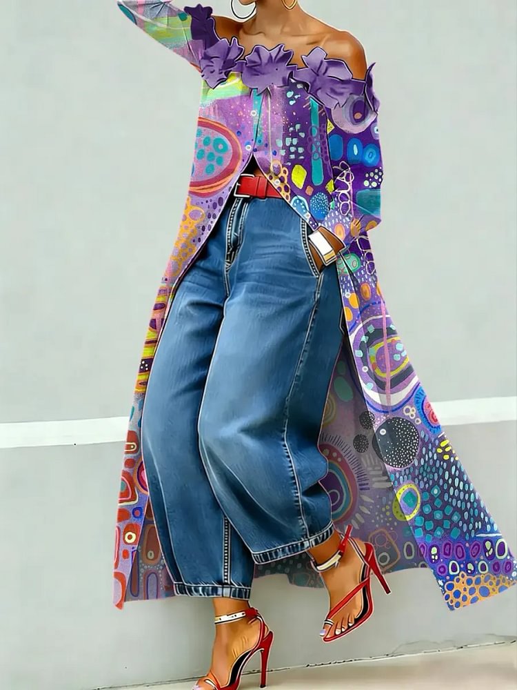 Women's Retro Abstract Art Print Off-shoulder Long-sleeved Shirt Dress