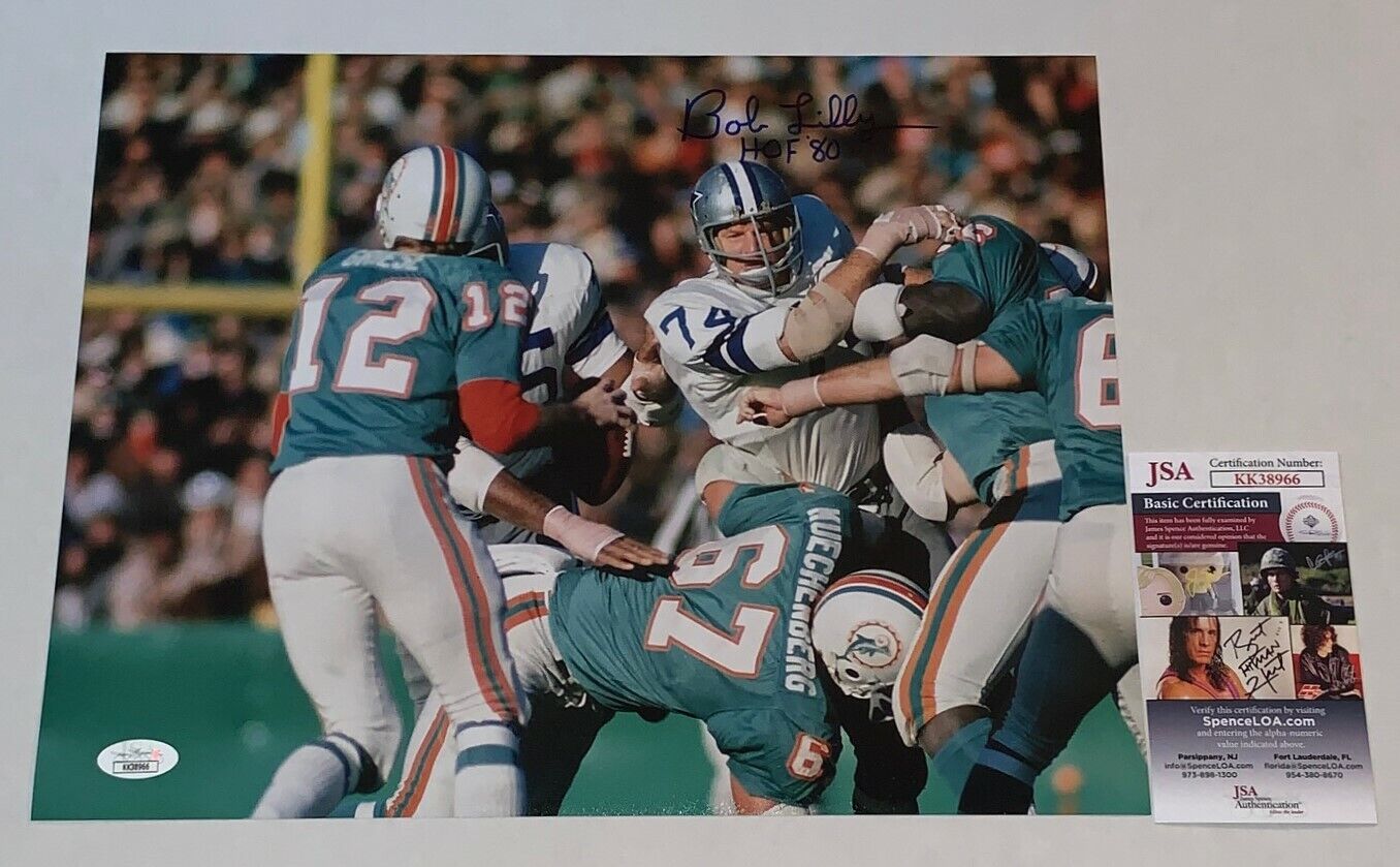 Bob Lilly signed Dallas Cowboys 11x14 Photo Poster painting autographed W/ HOF Inscription 2 JSA