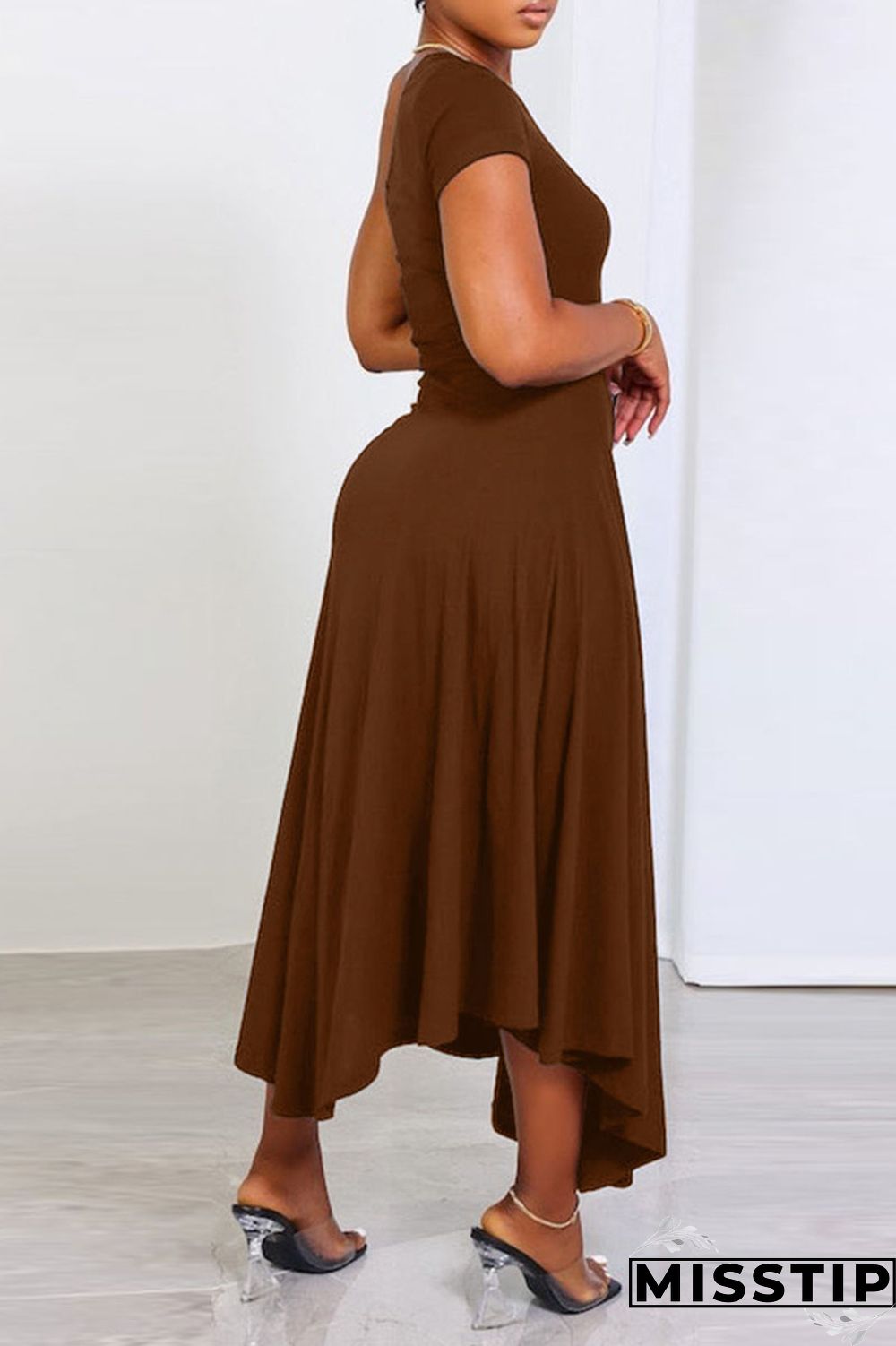 Khaki Casual Solid Patchwork Oblique Collar A Line Dresses