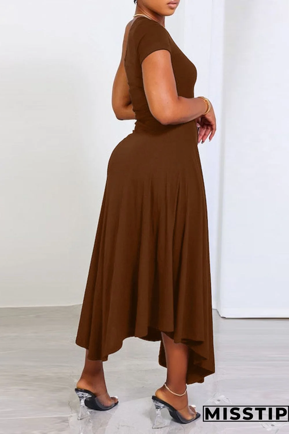 Khaki Casual Solid Patchwork Oblique Collar A Line Dresses