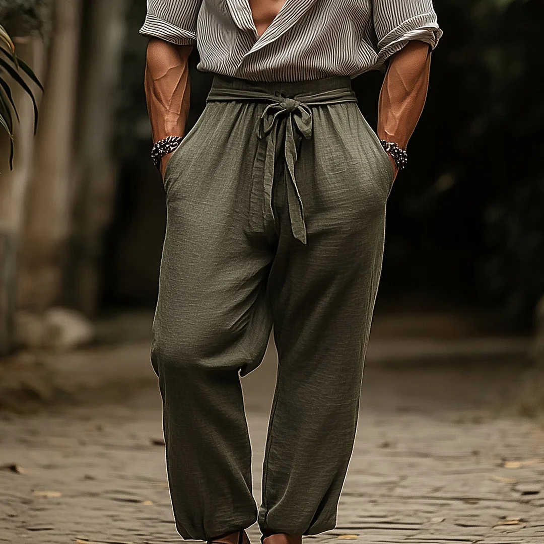 Striped Linen-Blend Wide-Leg Pants With Adjustable Waist Tie-inspireuse