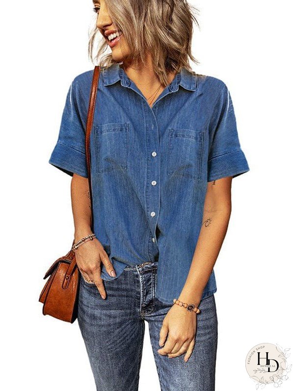 Women's Striped V-Neck Denim Shirt