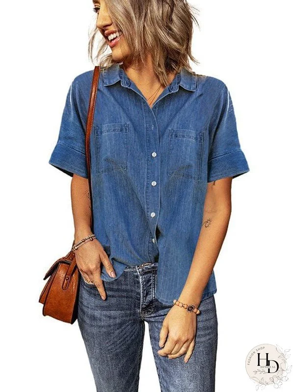 Women's Striped V-Neck Denim Shirt