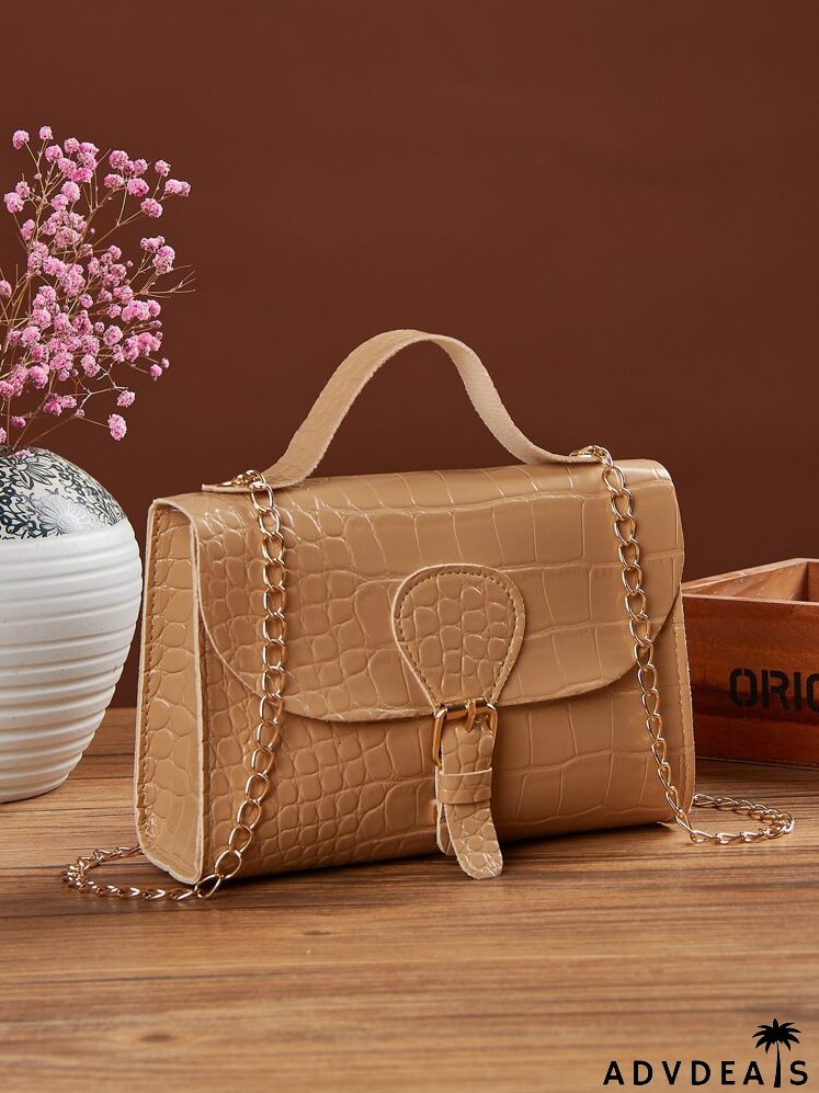 Croc Embossed Buckle Decor Flap Chain Satchel Bag