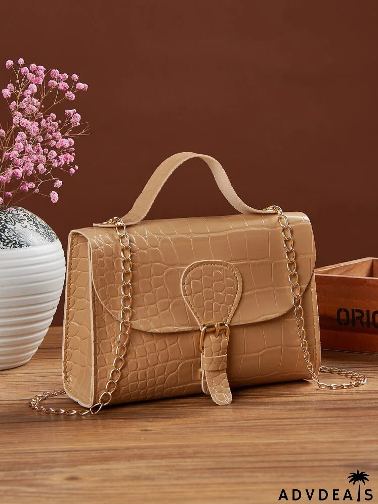 Croc Embossed Buckle Decor Flap Chain Satchel Bag