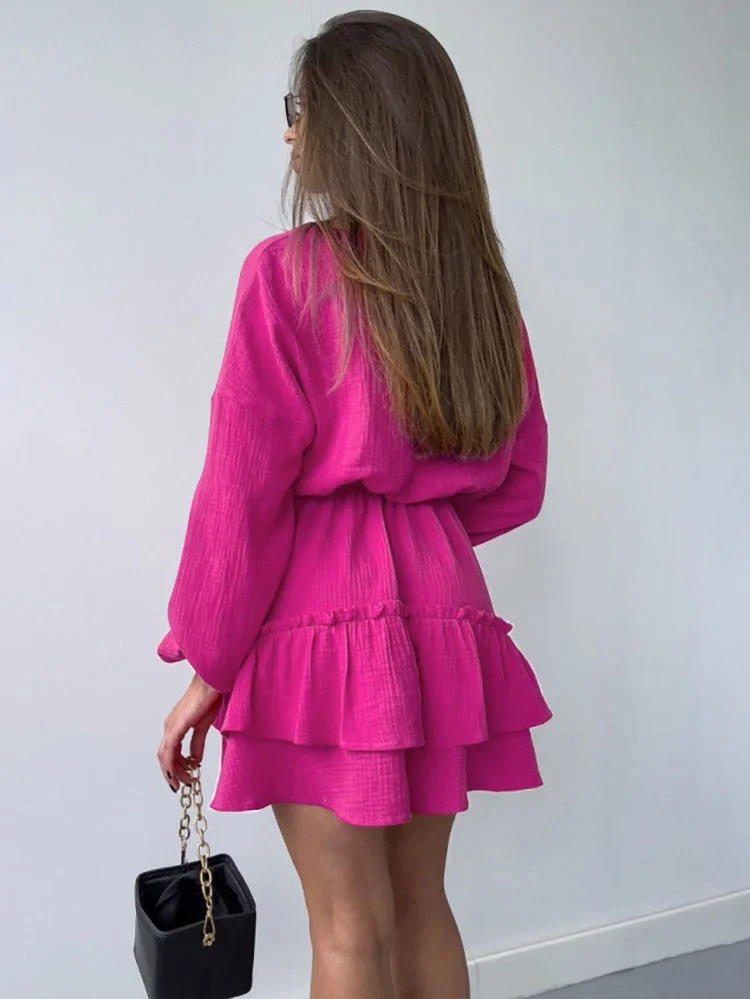 Huibahe Rose Red Ruffled Dress Woman Elegant Puff Sleeve Cascade Ruffle Mini Dress Ladies Office Spring Cotton Dresses Chic