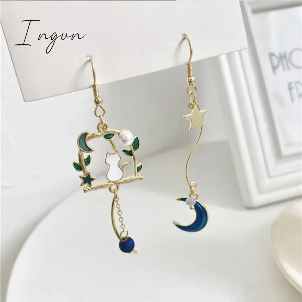 Korean Style Flower Cute Animal Dangle Earrings For Women Moon Stars Kitten Rabbit Balloon