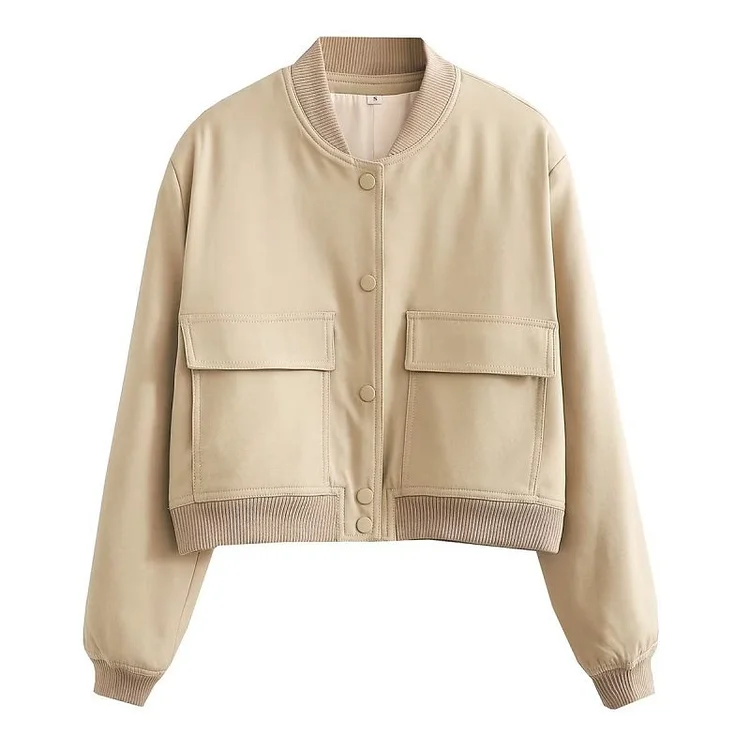 Paneled Jacket Tri-Color Stand Collar Long Sleeve Cropped Jacket Flusfy