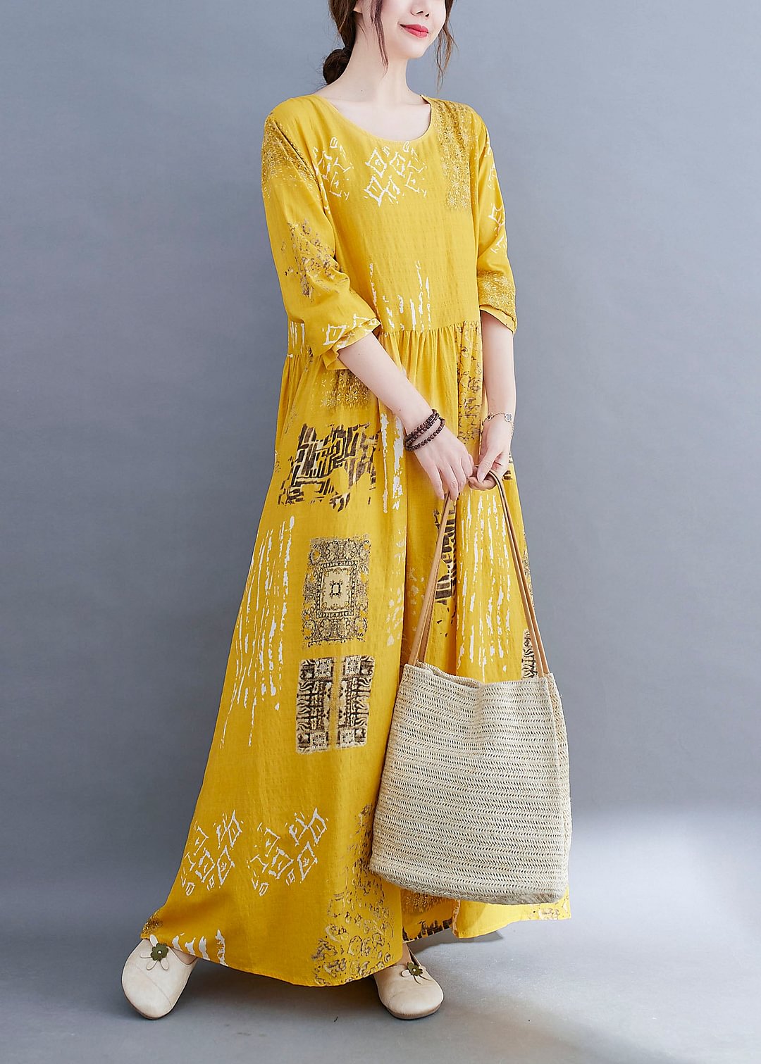 Modern Yellow O-Neck Button Print Dress Spring CK2597- Fabulory