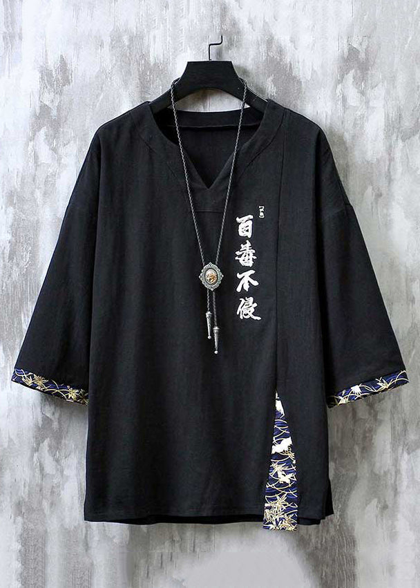 VCSHOES Loose Black V Neck Embroideried Linen Men T Shirts Half Sleeve