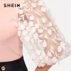 SHEIN Pink Lady Elegant Bishop Sleeve Lace Floral Appliques Rib-Knit Tee Women Spring Casual High Street Fashion Tshirt Tops