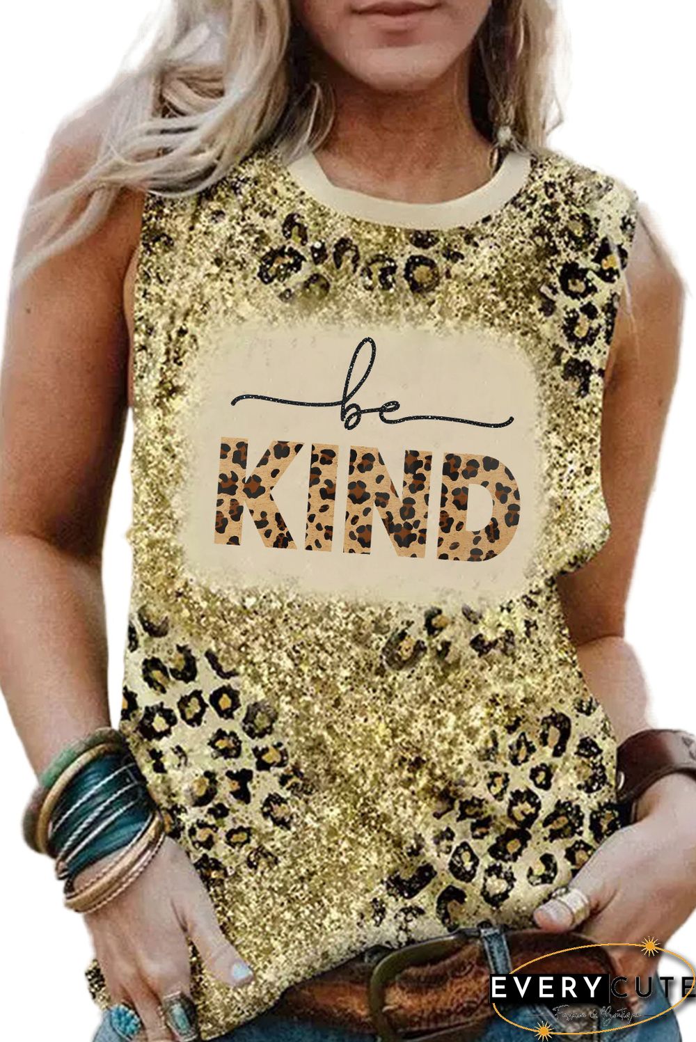 Be KIND Sparkle Leopard Print O-neck Tank Top