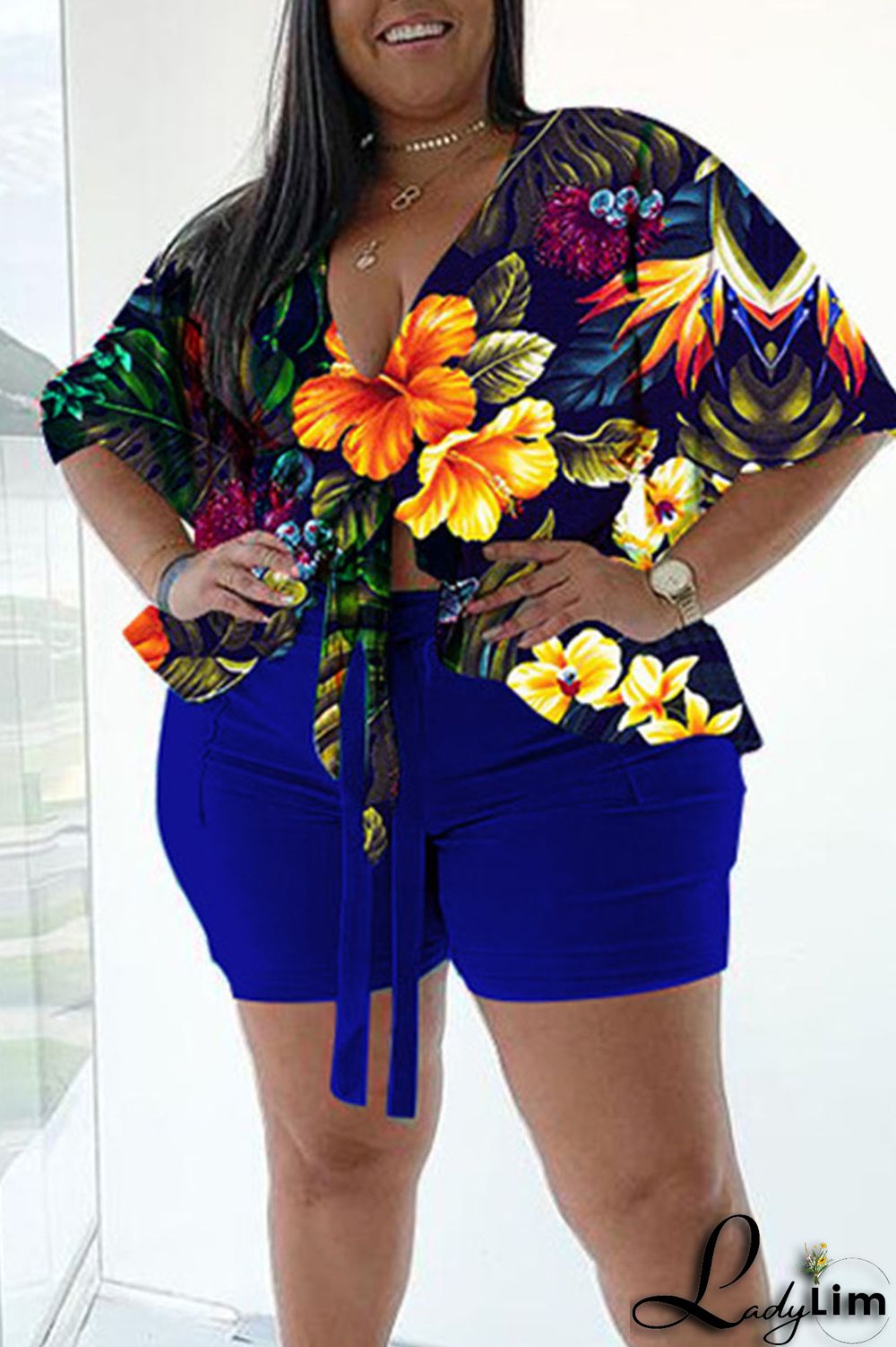 Green Casual Print Bandage Split Joint V Neck Plus Size Two Pieces