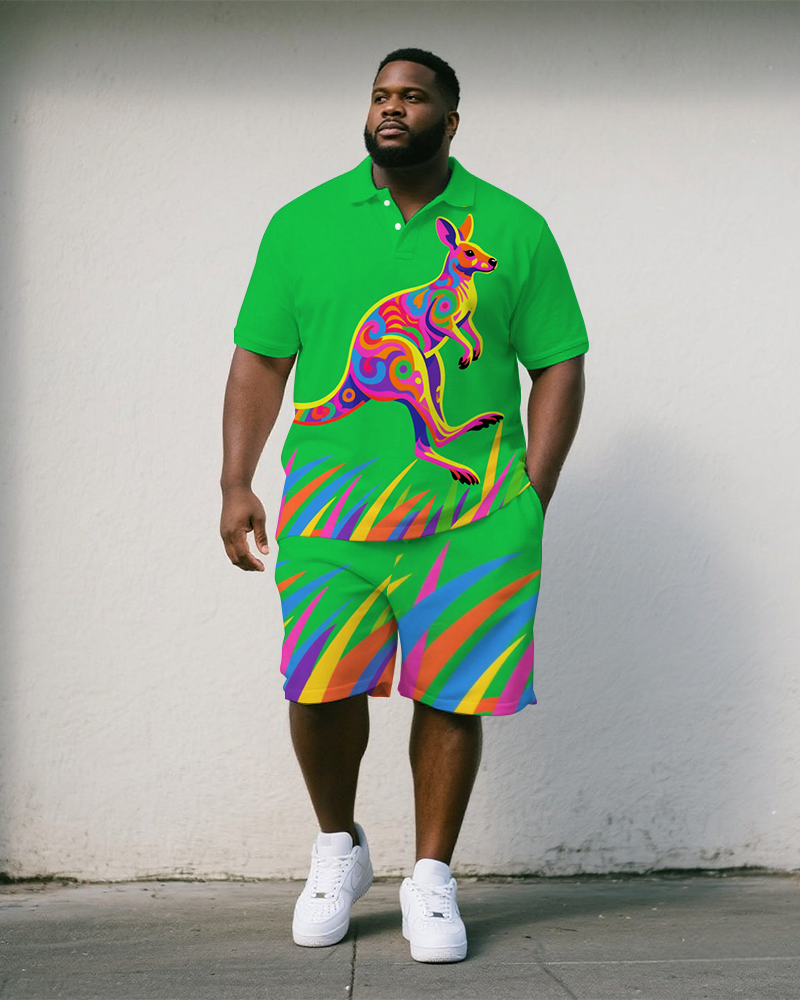 Big Men's Fantasia Kangaroo Cartoon Street Style Casual Short-Sleeve Polo Shirt & Shorts Set