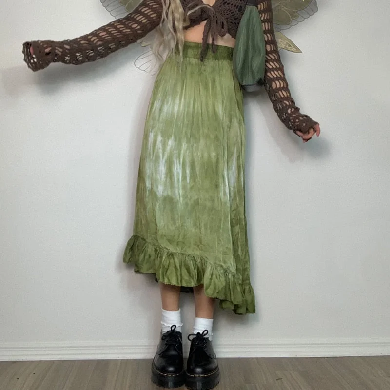 Rapcopter y2k Printed Mid-Claf Skirts Ruffles Kawaii Long Skirts Grunge Fairycore Aesthetic Straight Skirts Women 2000s Sweet